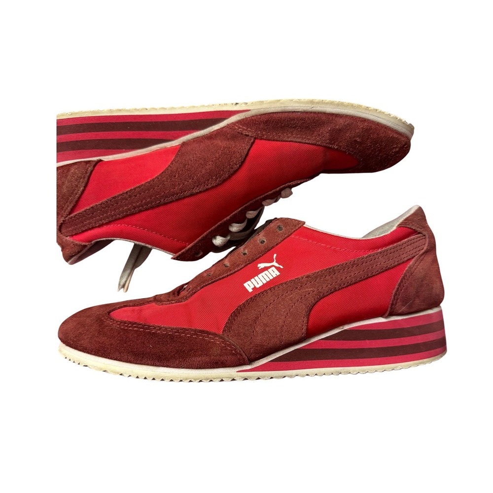Puma Caroline Stripe Wedge Red  Suede Nylon Retro Sporty Platform Sneakers 8.5
